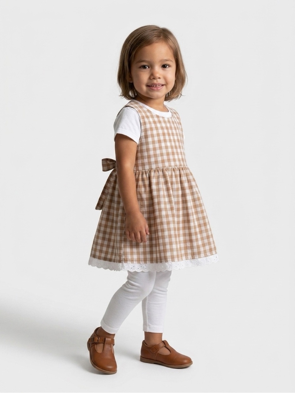 Vintage Beige and White Gingham 2T Casual Dress